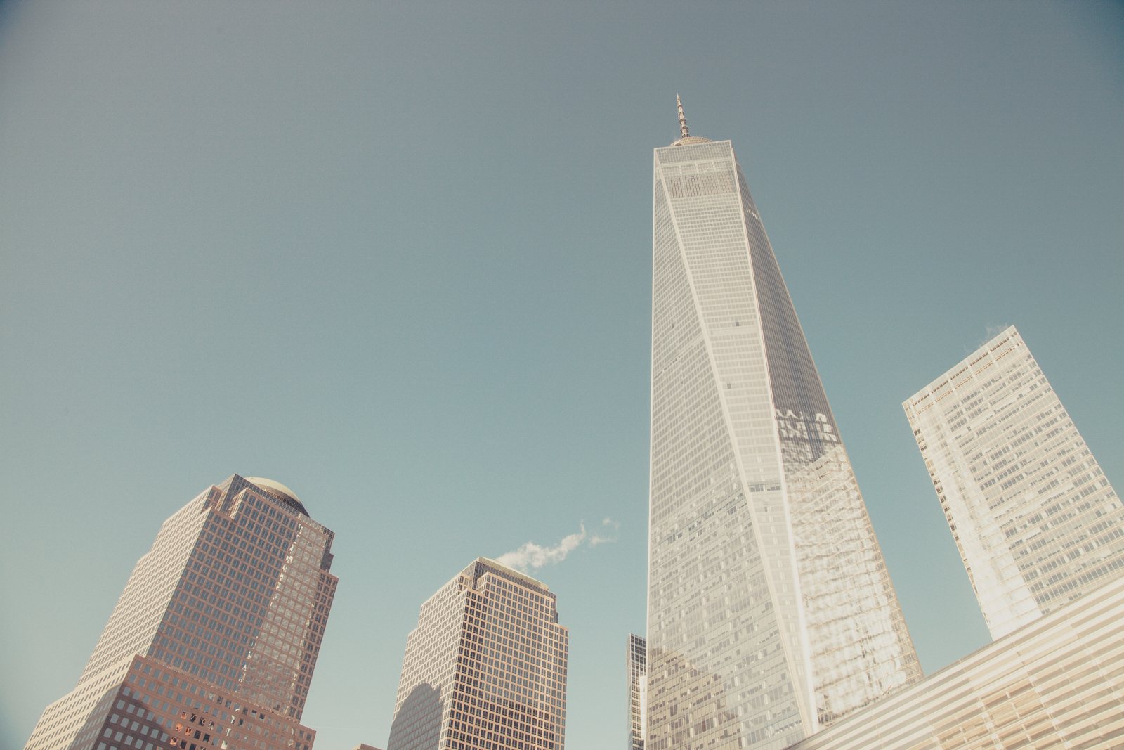 New York skyscrapers, including One World Trade Center, seen from below