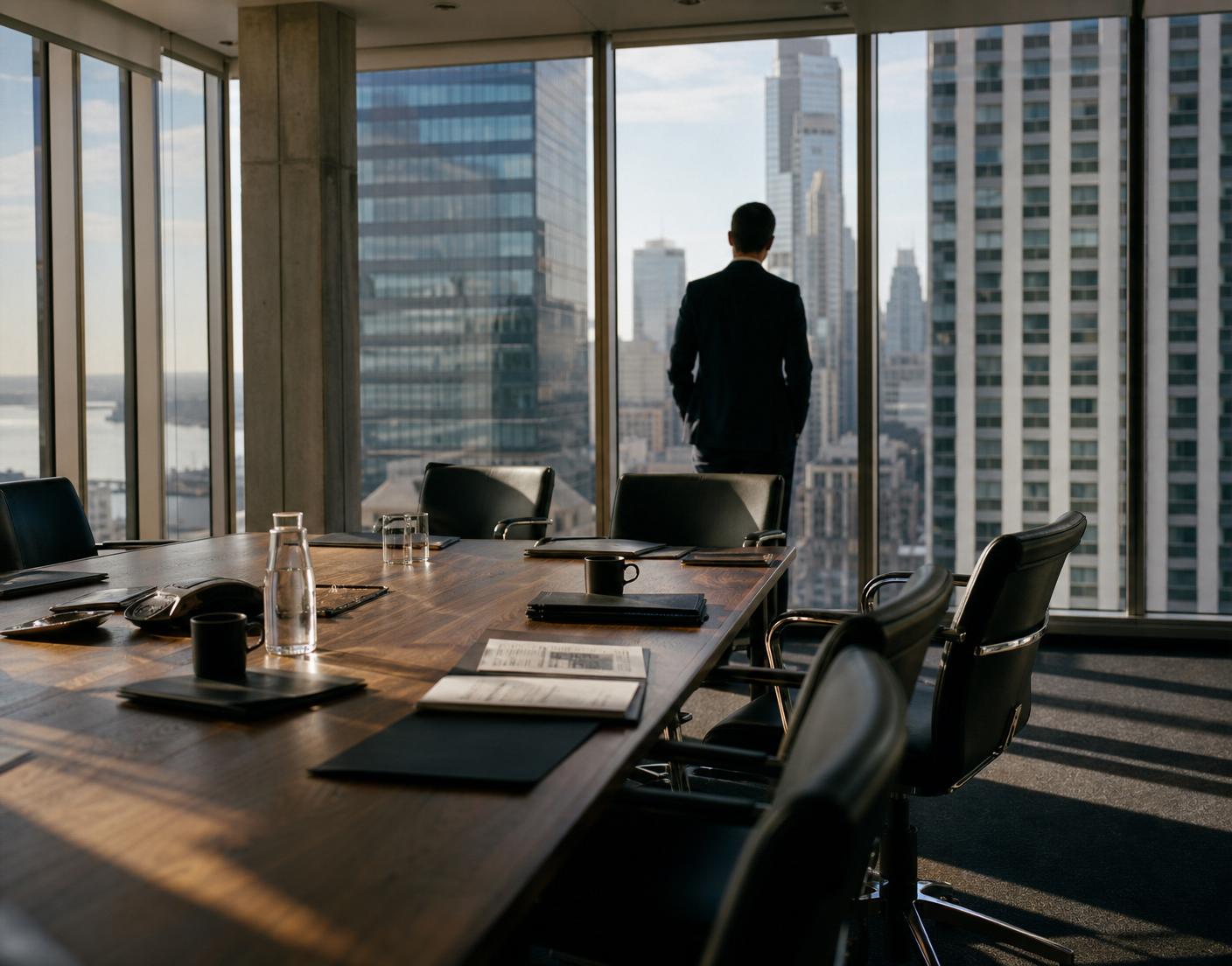 Senior advisor reviewing the skyline from a conference room